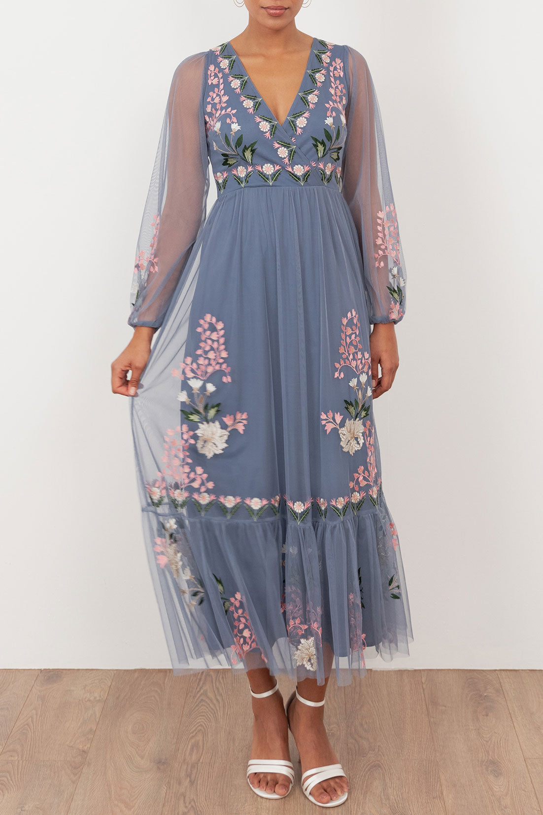 ボタニカル刺繍チュールカシュクールミディドレスアンティークブルーMサイズ