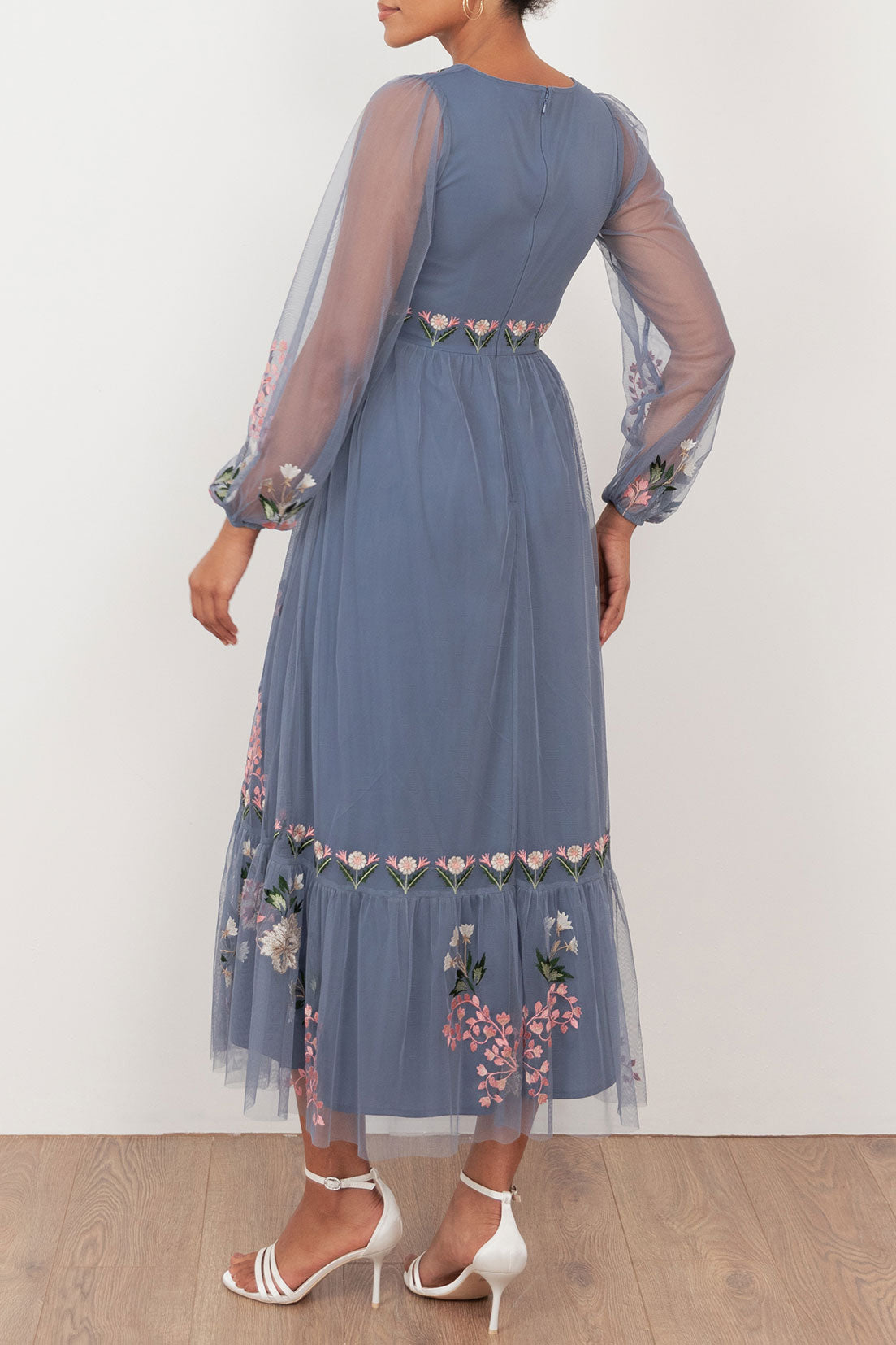 ボタニカル刺繍チュールカシュクールミディドレスアンティークブルーMサイズ