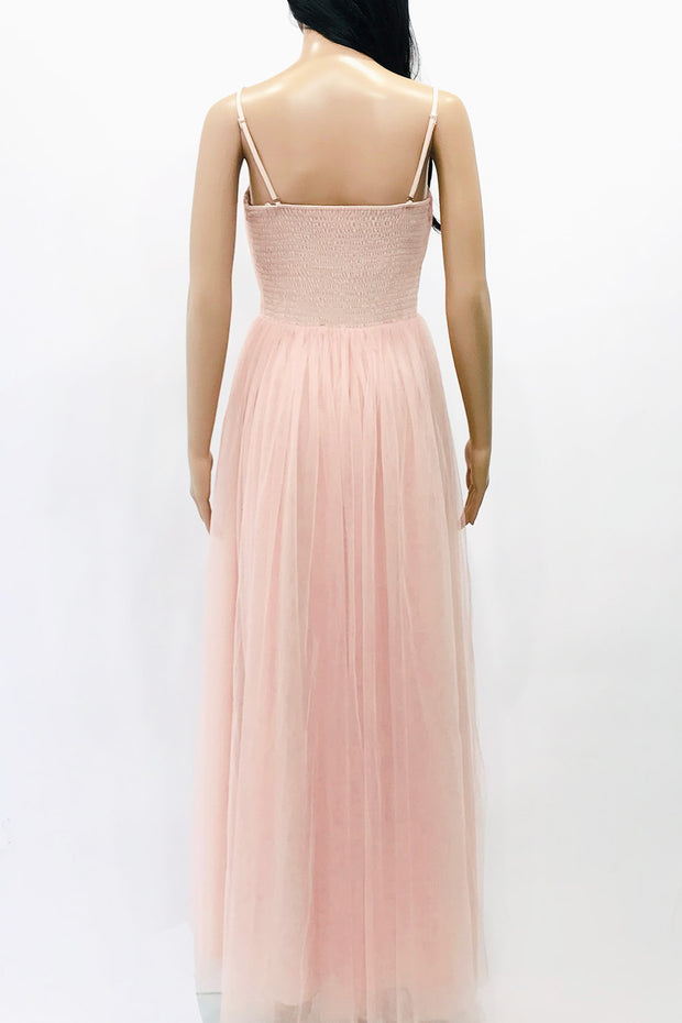 コンバーチブルロングドレス・チュールヌードピンク・フリーサイズ（ビジューベルト付き）・丈詰めタイプ