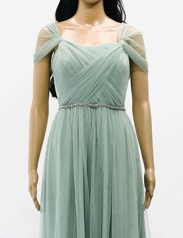 コンバーチブルロングドレス・チュールミントグリーン・フリーサイズ（ビジューベルト付き）・丈詰めタイプ