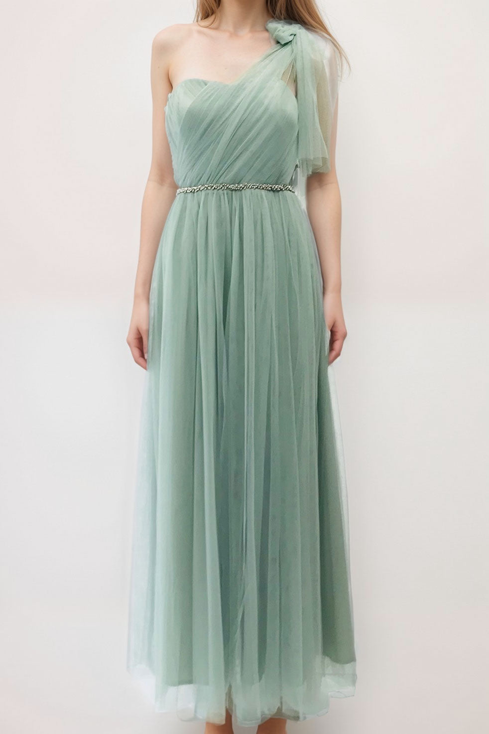 コンバーチブルロングドレス・チュールセージグリーン・フリーサイズ（ビジューベルト付き）