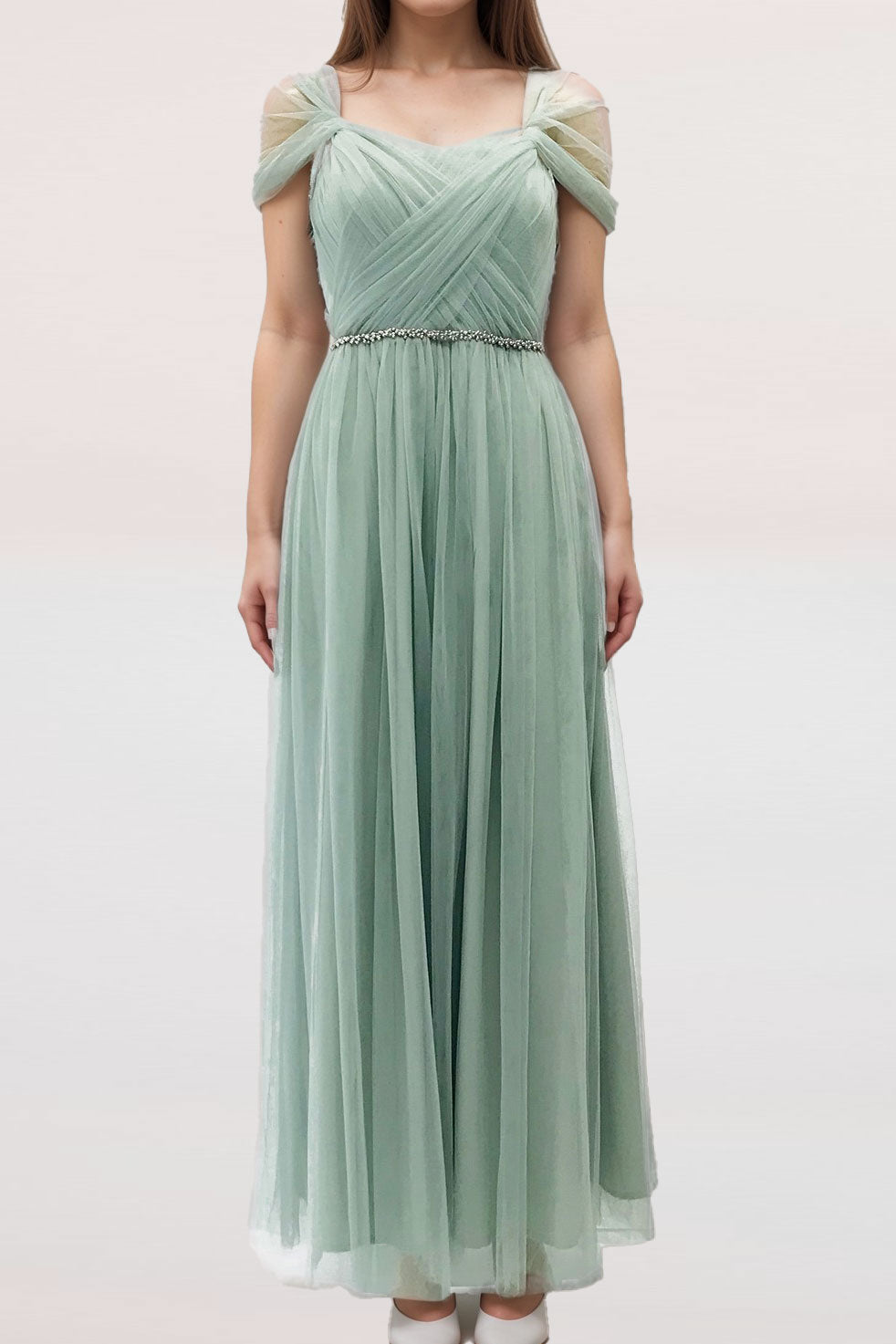 コンバーチブルロングドレス・チュールセージグリーン・フリーサイズ（ビジューベルト付き）