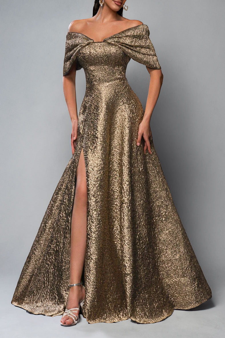 オフショルダージャガードAラインロングドレスブロンズSサイズ