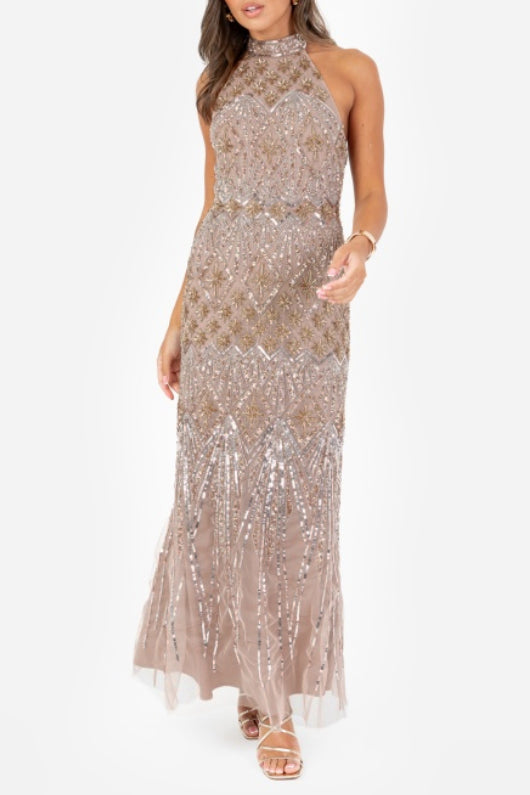 クリスタルビジューホルターネックロングドレスブラウンMサイズ