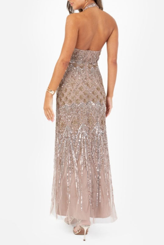 クリスタルビジューホルターネックロングドレスブラウンMサイズ