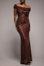 スパンコールキャップスリーブロングドレスブラウンSサイズ