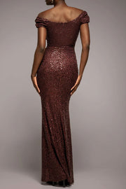 スパンコールキャップスリーブロングドレスブラウンSサイズ