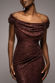 スパンコールキャップスリーブロングドレスブラウンSサイズ