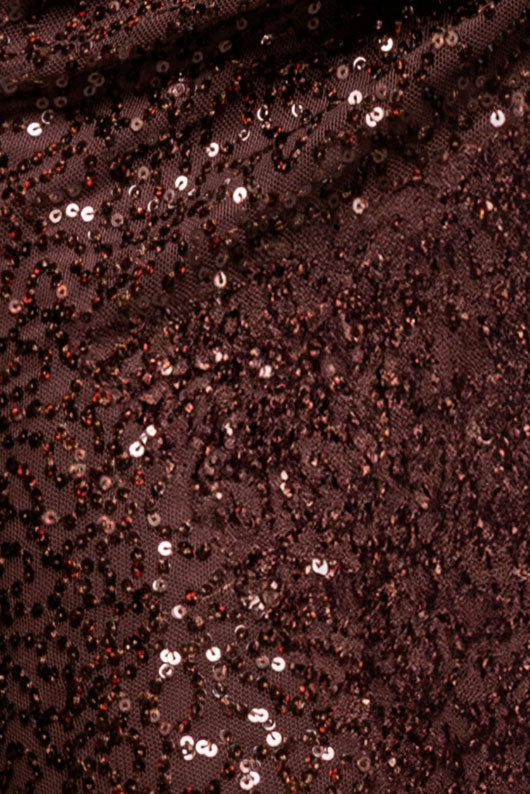 スパンコールキャップスリーブロングドレスブラウンSサイズ