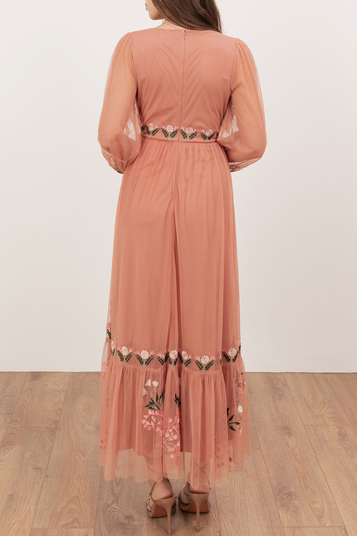 ボタニカル刺繍チュールカシュクールミディドレステラコッタMサイズ