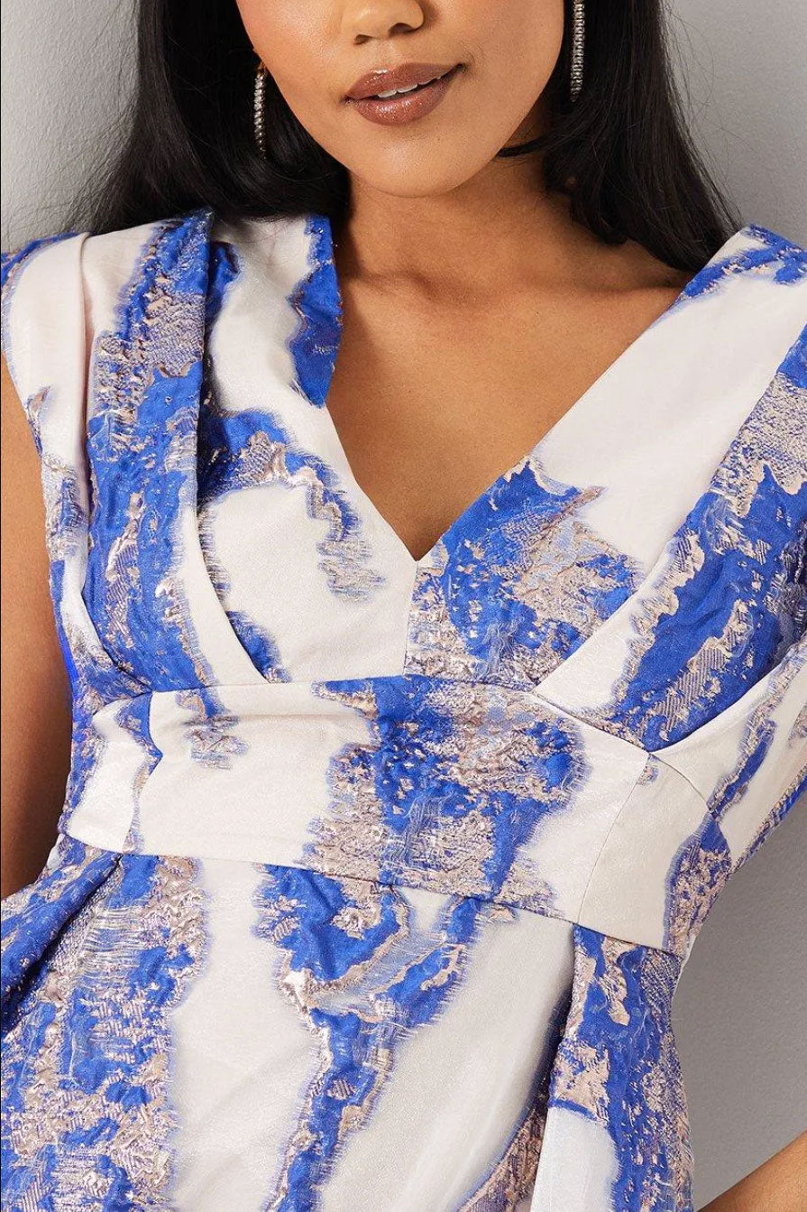VネックジャガードミディドレスブルーMサイズ