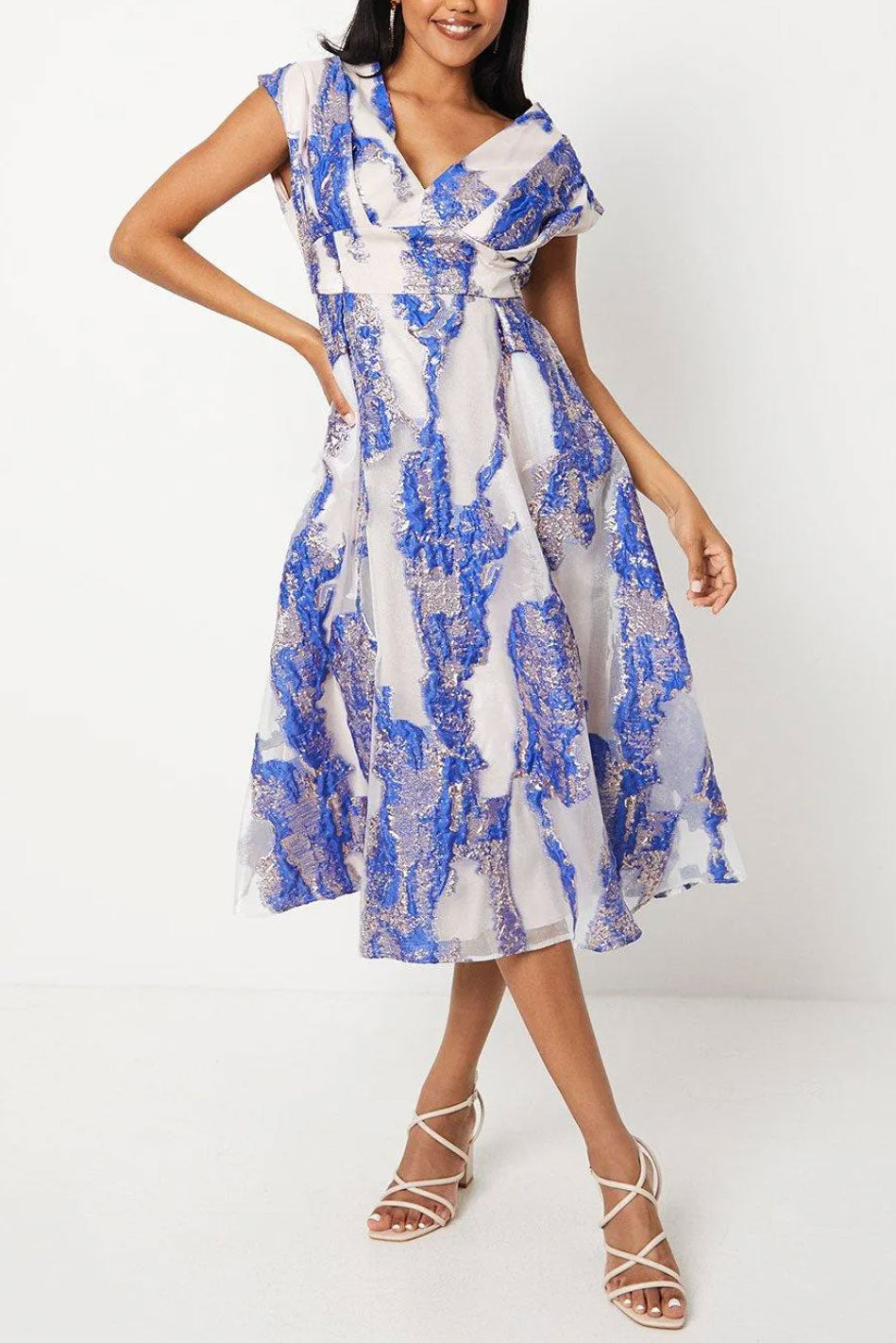 VネックジャガードミディドレスブルーMサイズ