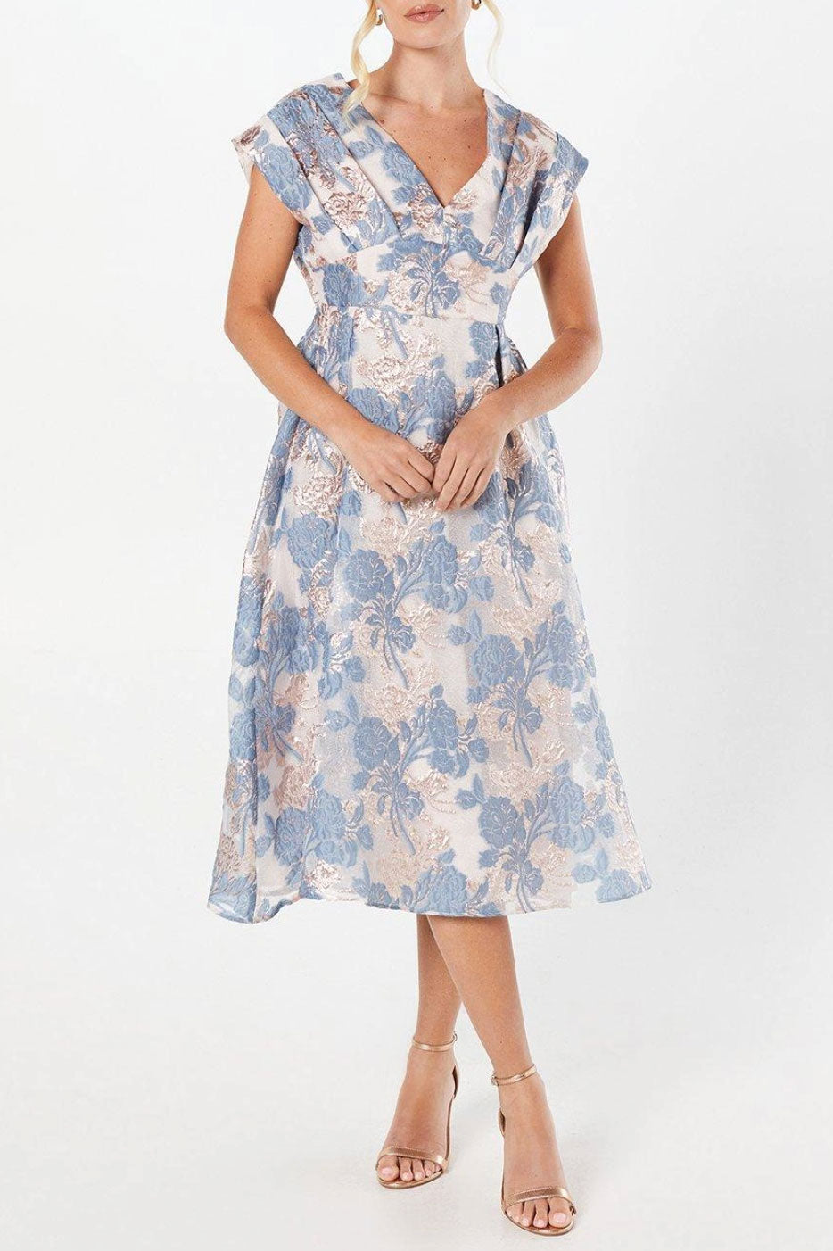 VネックジャガードミディドレスライトブルーSサイズ