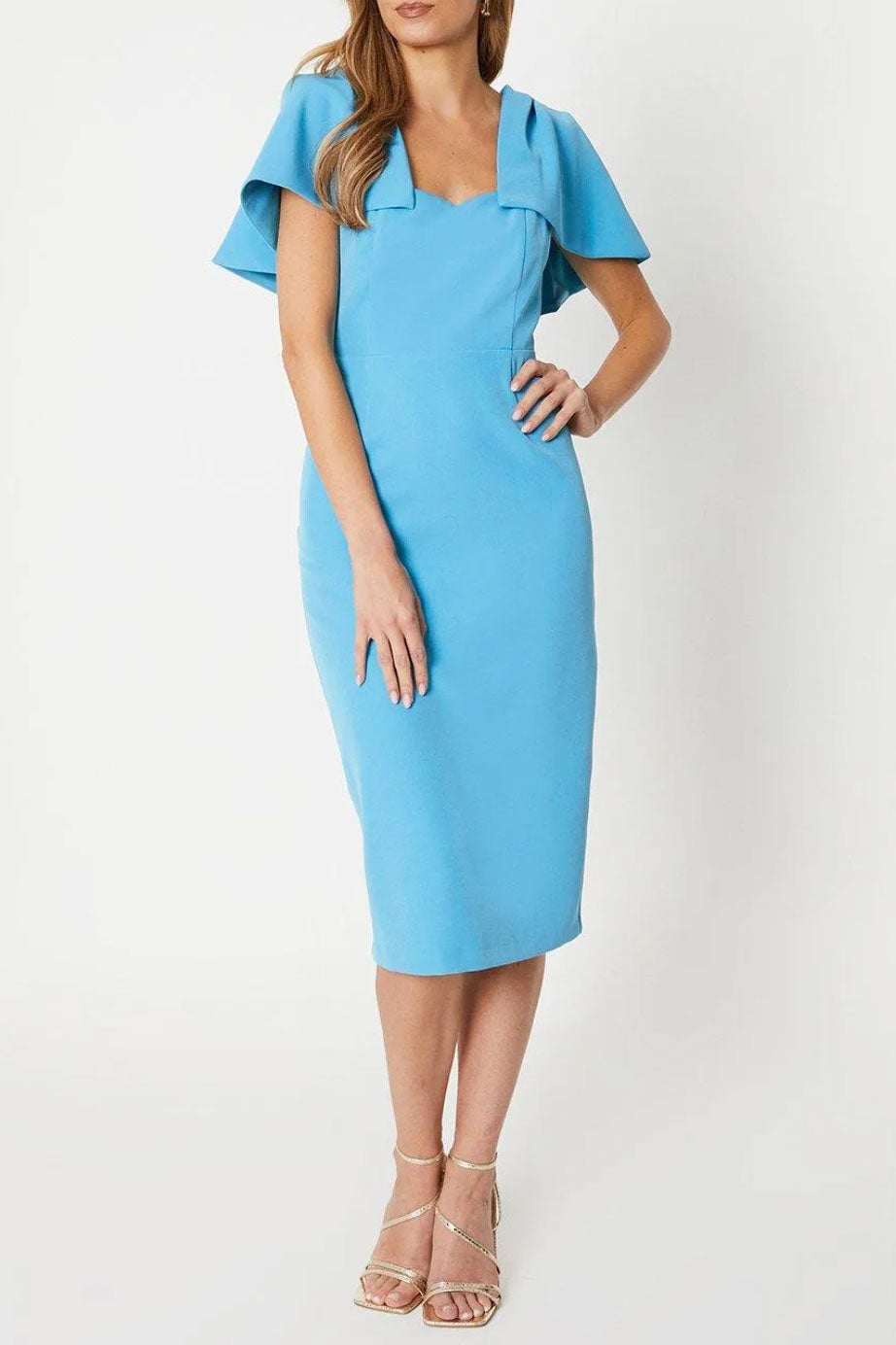 スクエアネックエンジェルスリーブドレスライトブルーMサイズ