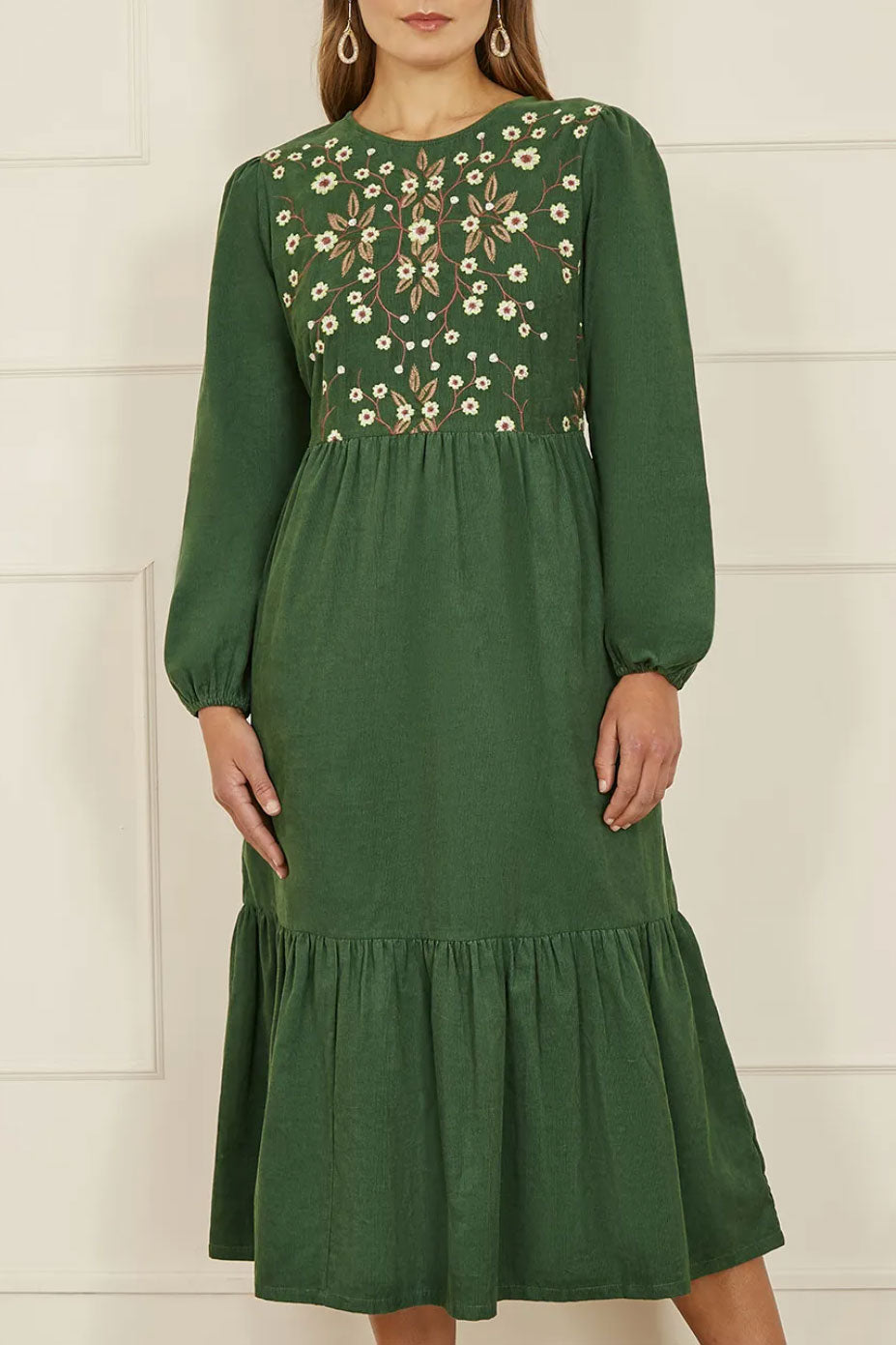 エンブロイダリーコーデュロイミディドレスグリーンMサイズ