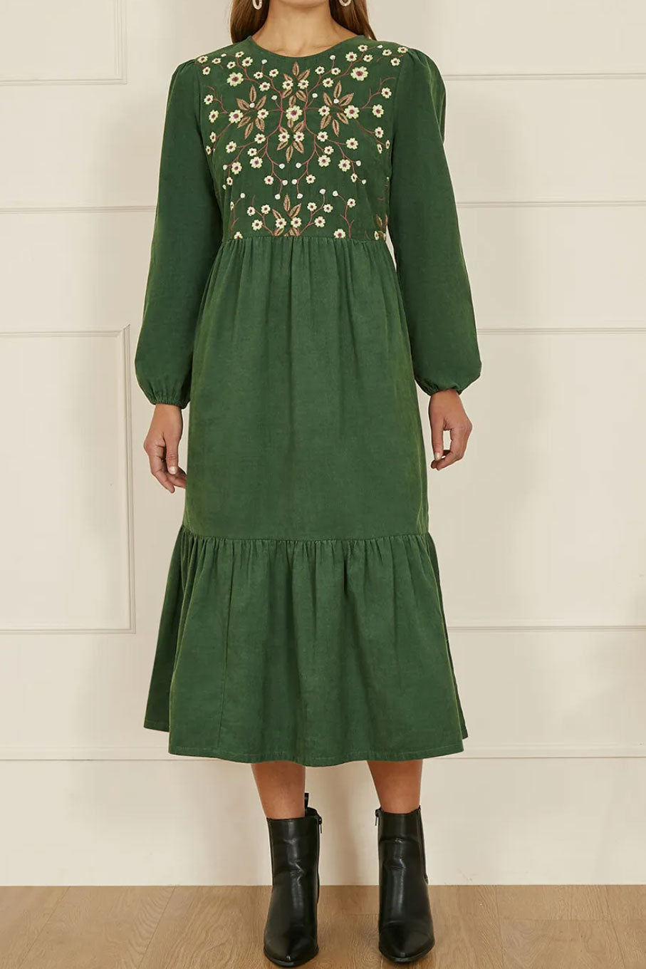 エンブロイダリーコーデュロイミディドレスグリーンMサイズ