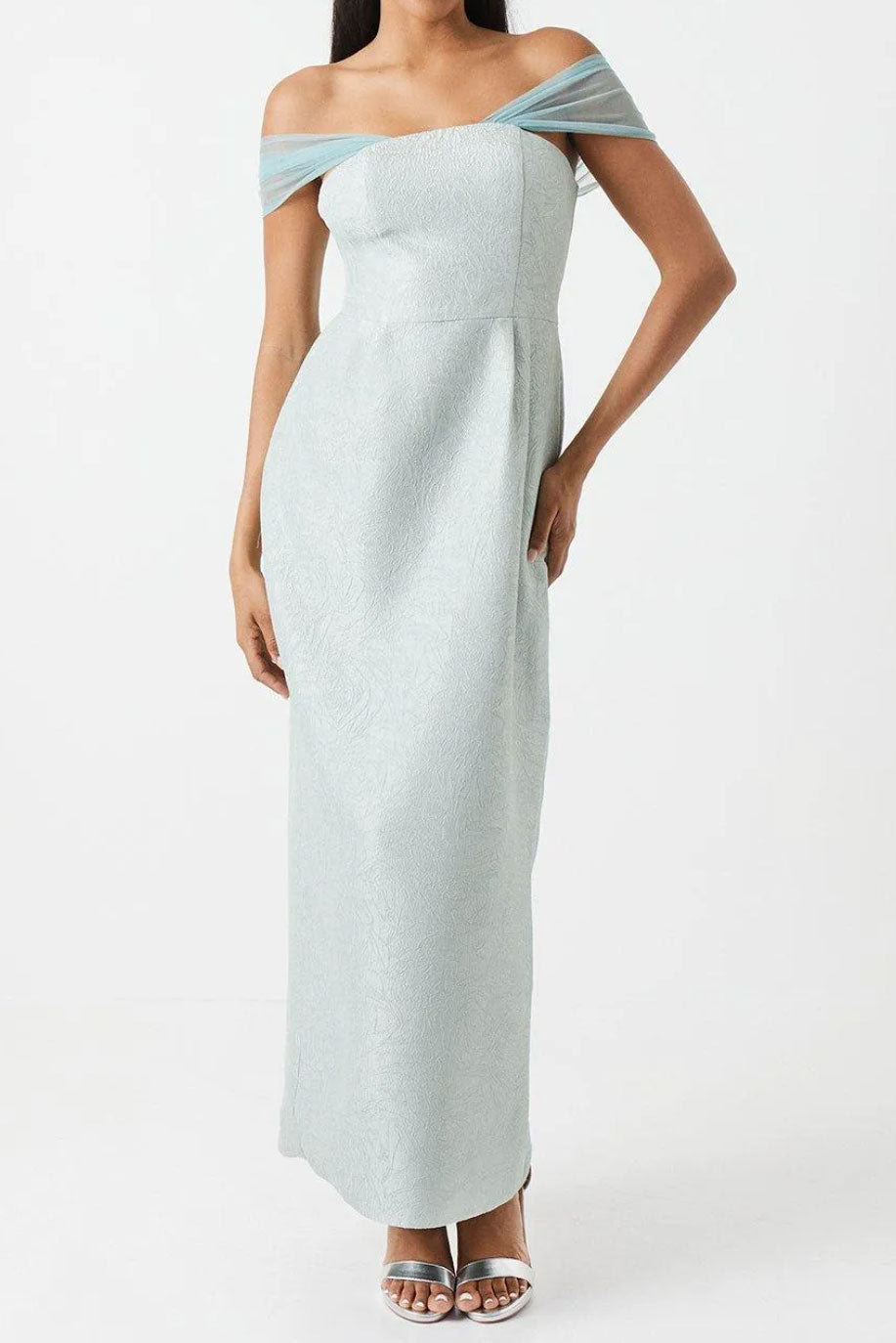 シャイニージャガードペンシルロングドレスミントグリーンLサイズ