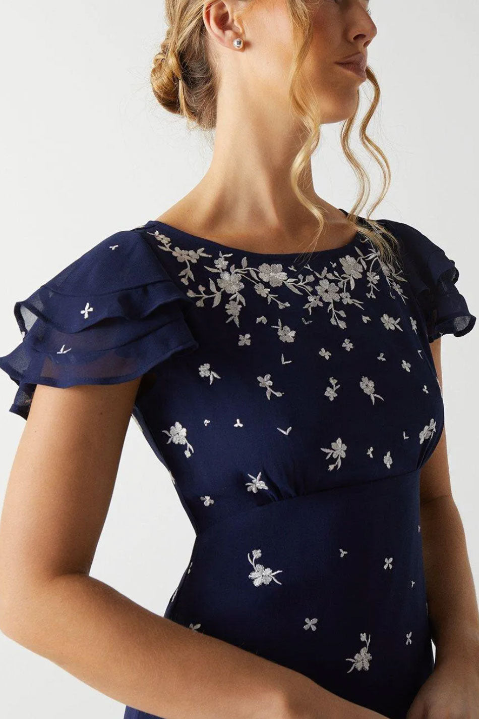 シフォンティアードスリーブロングドレスネイビーMサイズ