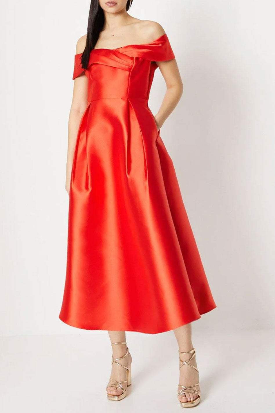 オフショルダーミディドレスオレンジMサイズ