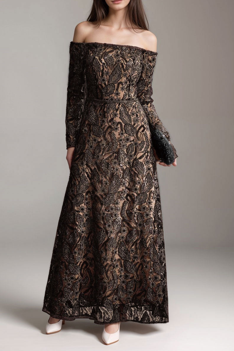 オフショルダーロングスリーブミディドレスブラックMサイズ