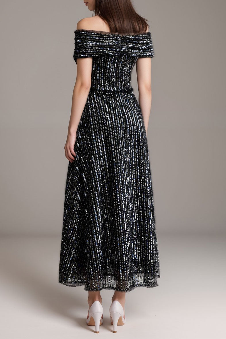 スパンコールオフショルダーミディドレスブラックMサイズ