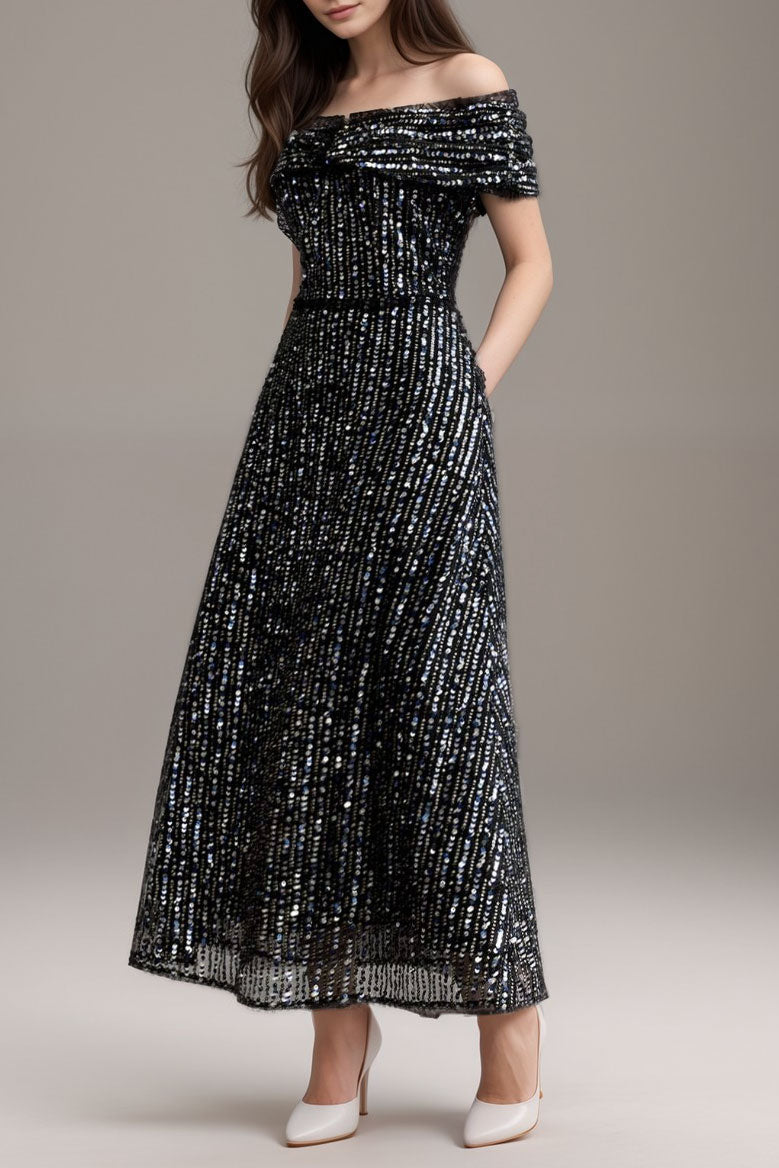 スパンコールオフショルダーミディドレスブラックMサイズ