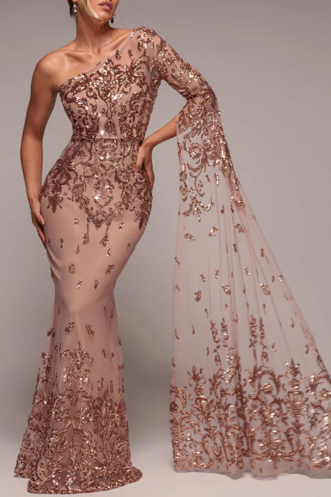 スパンコールワンショルダーケープスリーブロングドレスローズゴールドSサイズ