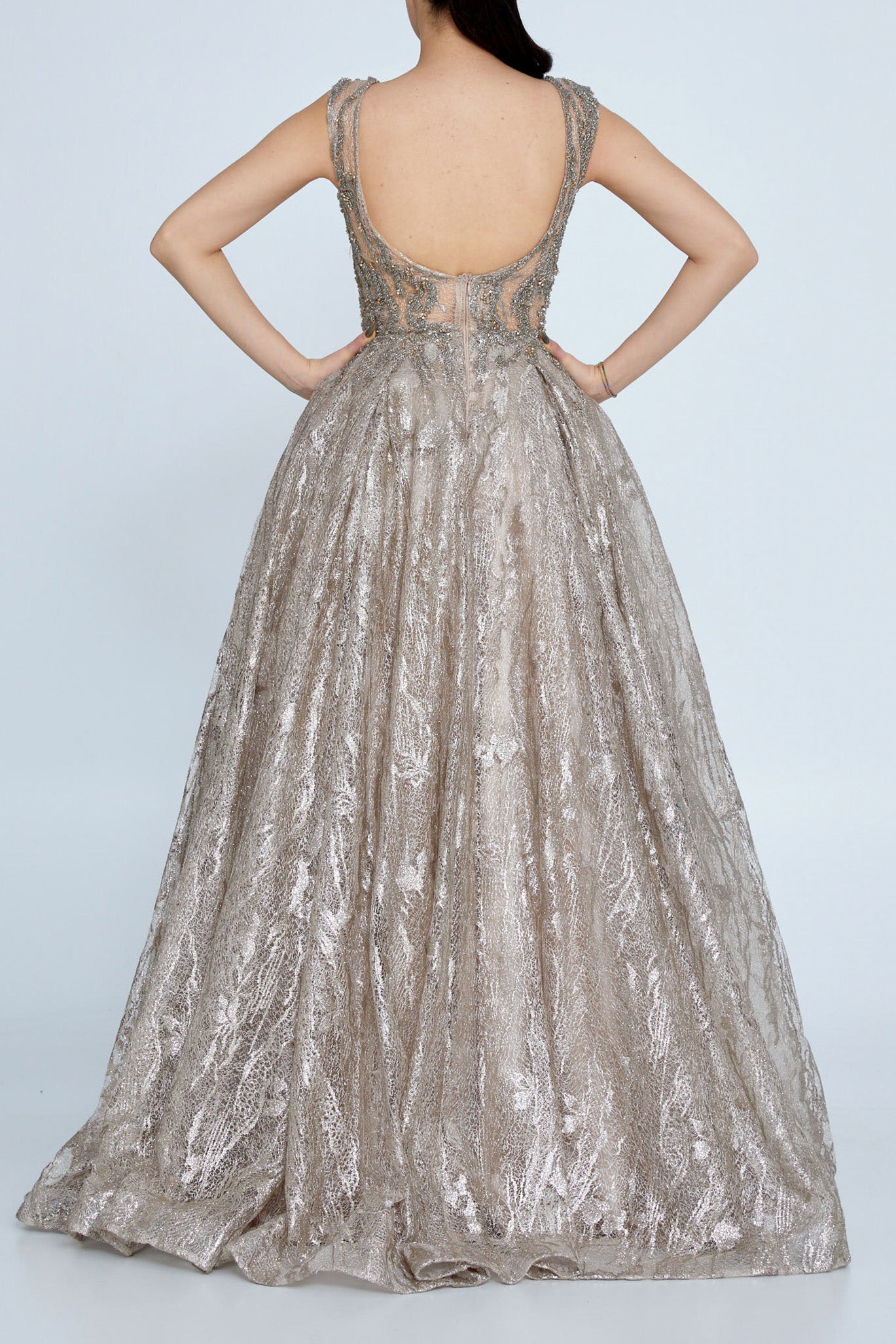 レース×グリッターAラインドレスゴールドXSサイズ