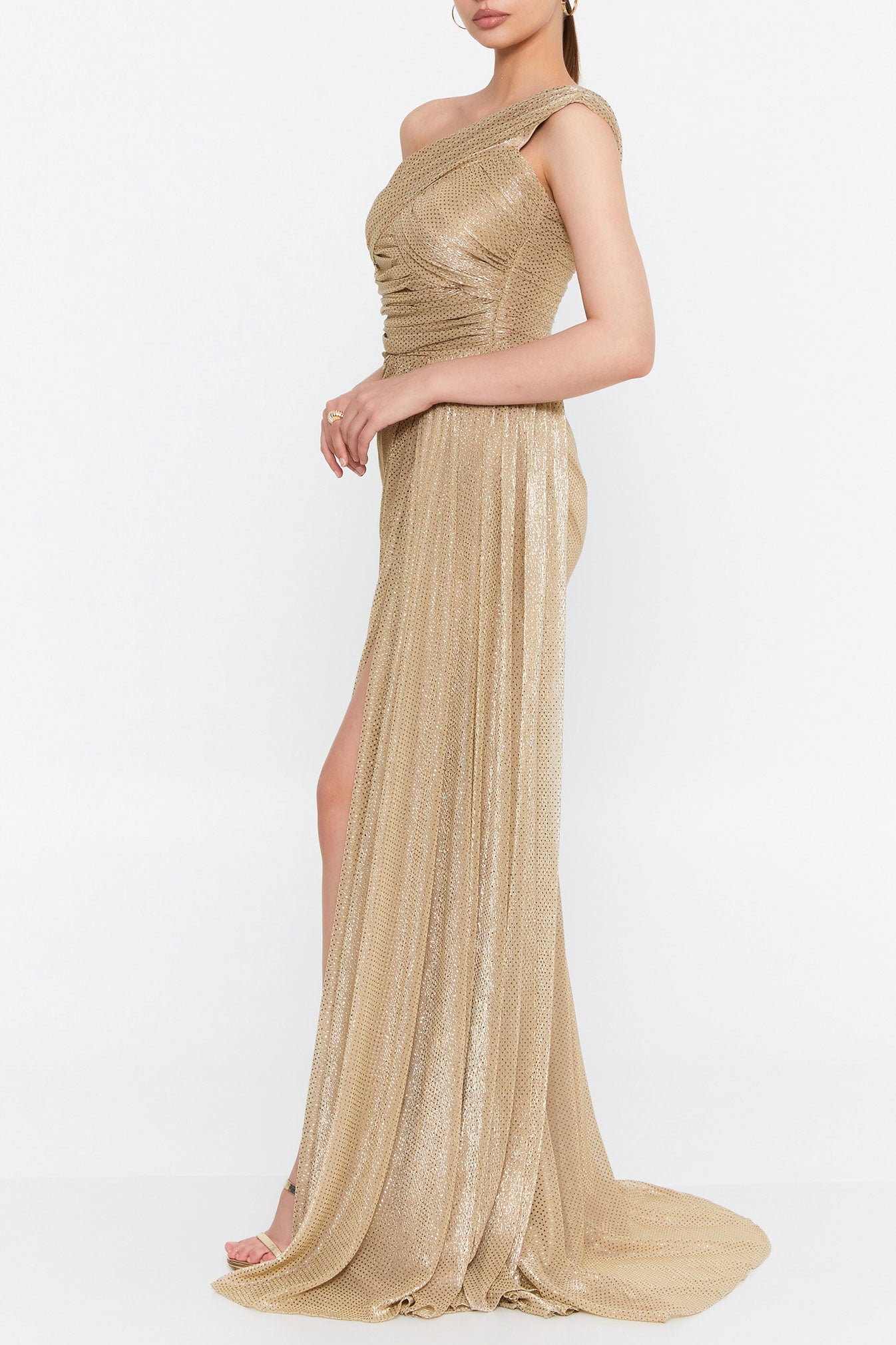 シャイニーワンショルダーロングドレスゴールドLサイズ(42)