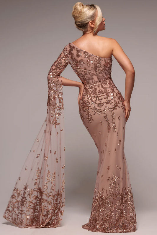 スパンコールワンショルダーケープスリーブロングドレスローズゴールドSサイズ