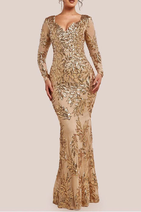 VネックリーフスパンコールロングドレスゴールドSサイズ