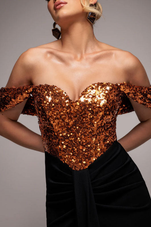 スパンコールコルセットデザインロングドレスブラウン×ブラックSサイズ