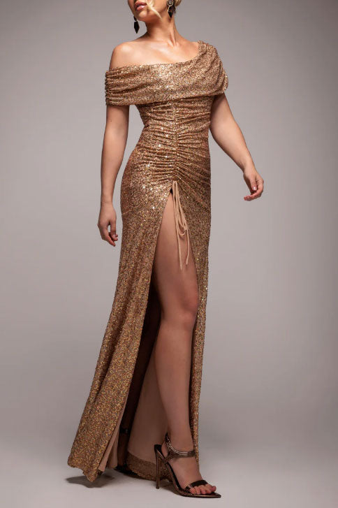 スパンコールカウルネックオフショルダーロングドレスゴールドSサイズ