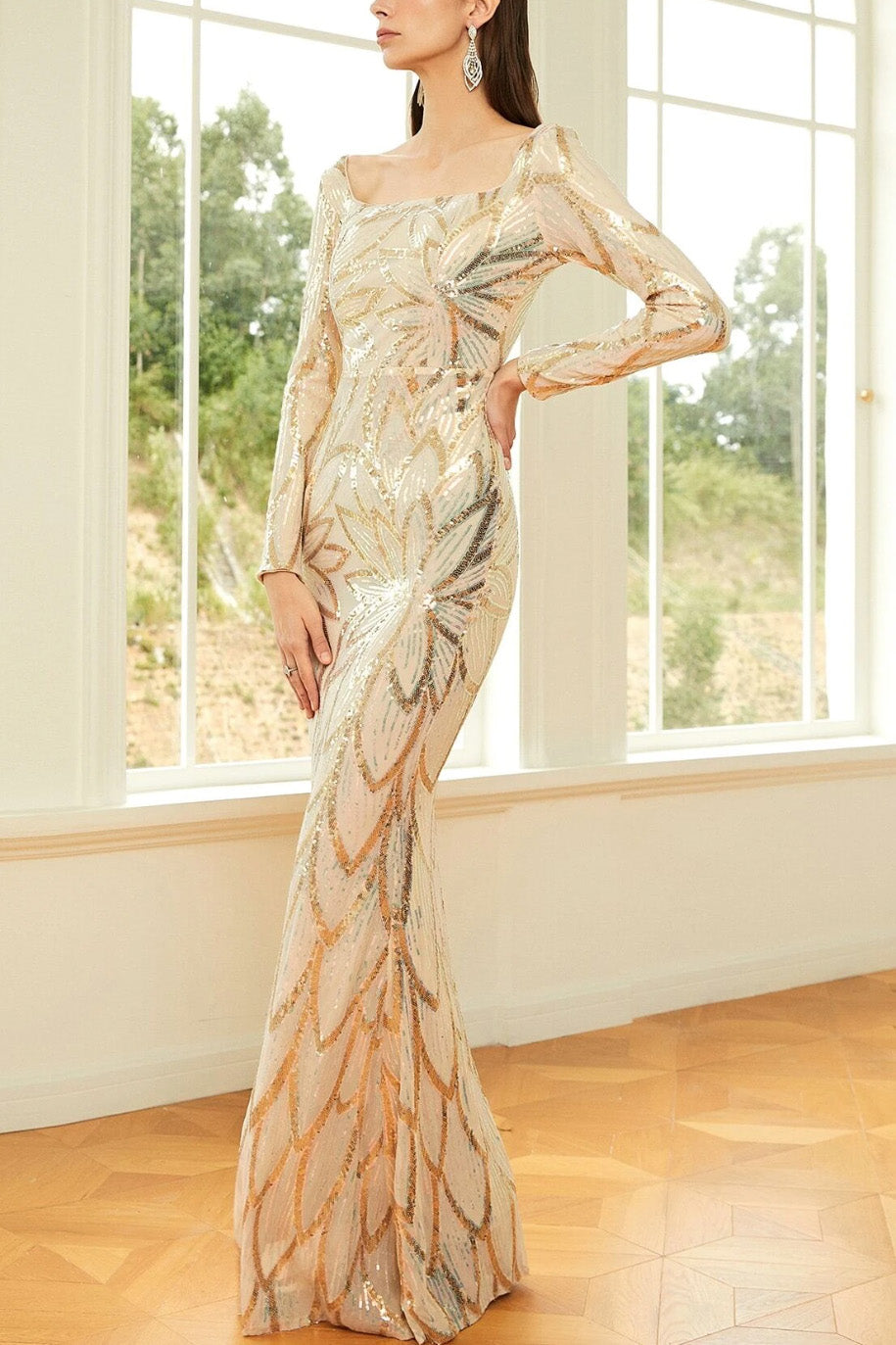 スパンコールスクエアネックロングドレスシャンパンゴールドMサイズ