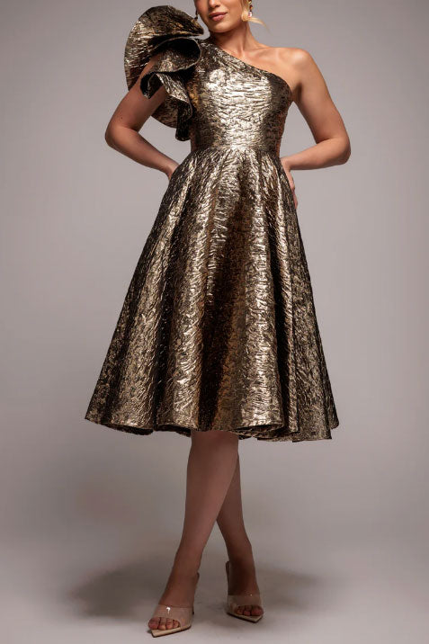 ジャガードワンショルダーミディドレスブロンズSサイズ