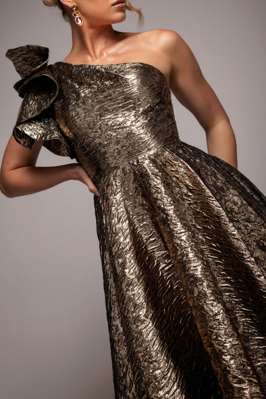 ジャガードワンショルダーミディドレスブロンズSサイズ