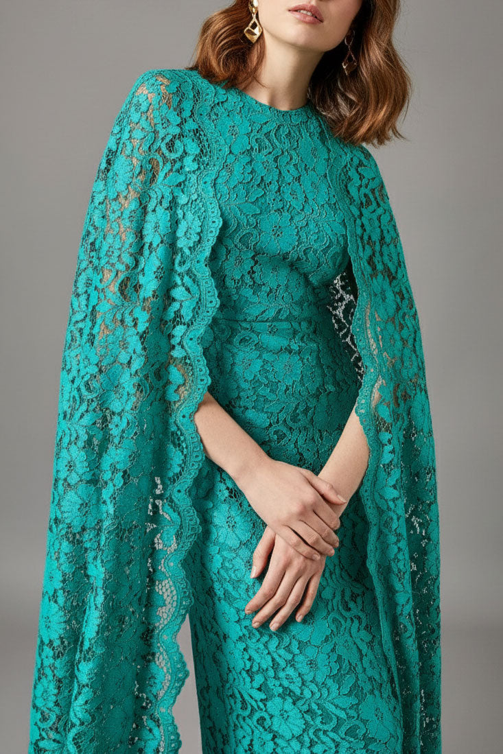 エメラルドケープスリーブレースドレスMサイズ