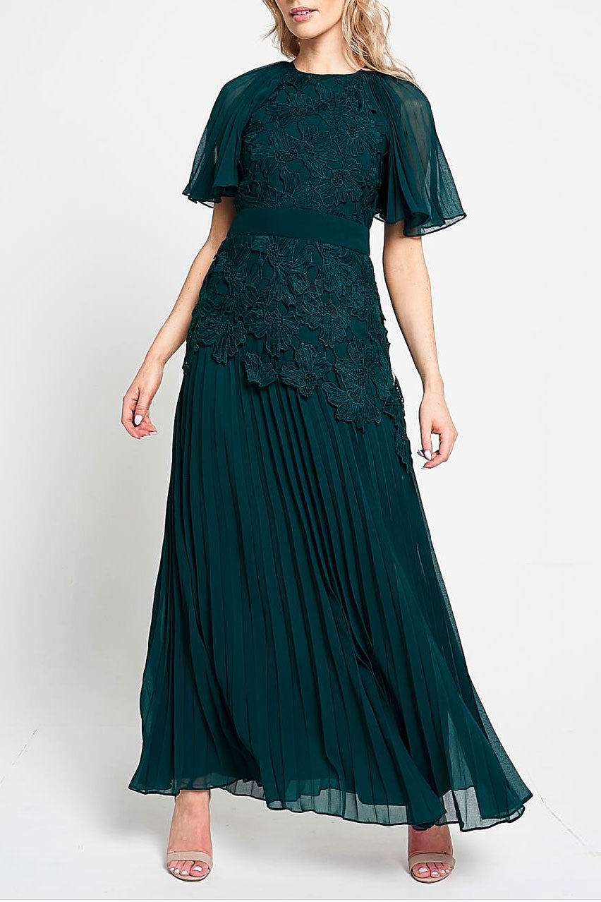 フラッタースリーブロングドレスグリーンSサイズ