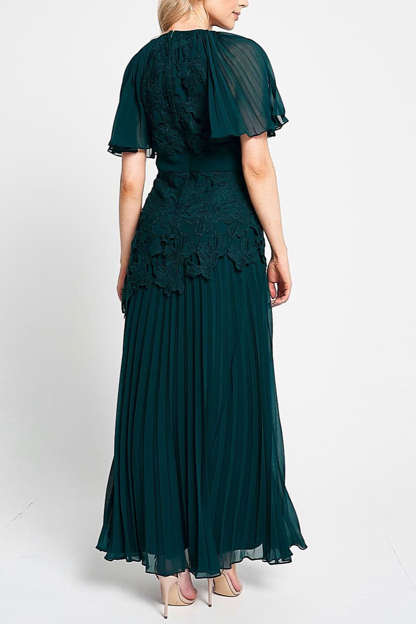 フラッタースリーブロングドレスグリーンSサイズ