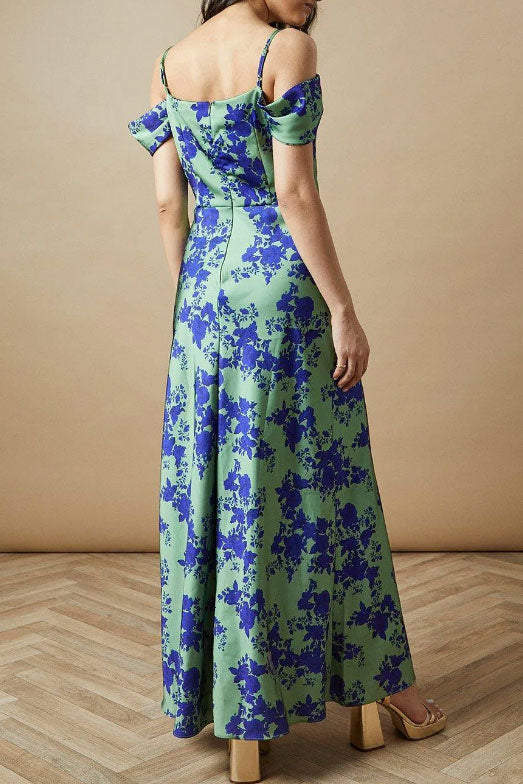 コールドショルダープリントサテンロングドレスグリーンMサイズ