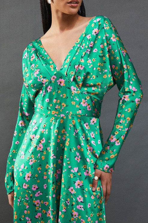 アシンメトリーヘムフラワープリントサテンドレスグリーンMサイズ