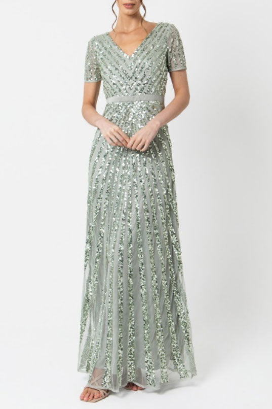 セージスパンコールVネックロングドレスMサイズ