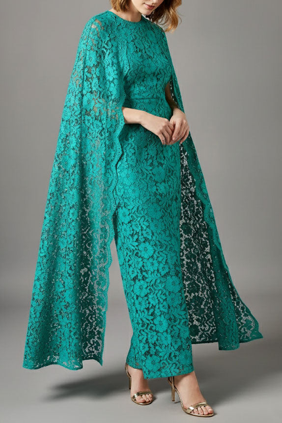 エメラルドケープスリーブレースドレスMサイズ