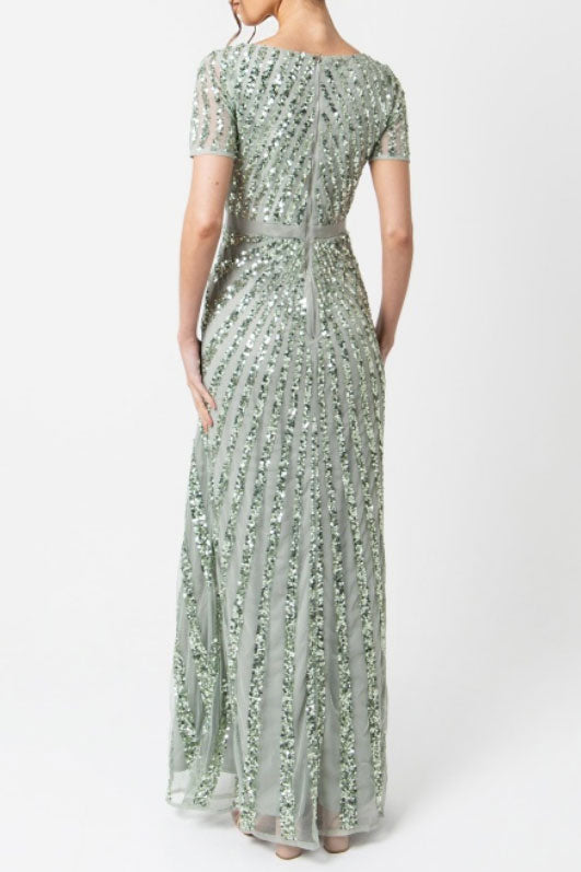 セージスパンコールVネックロングドレスMサイズ