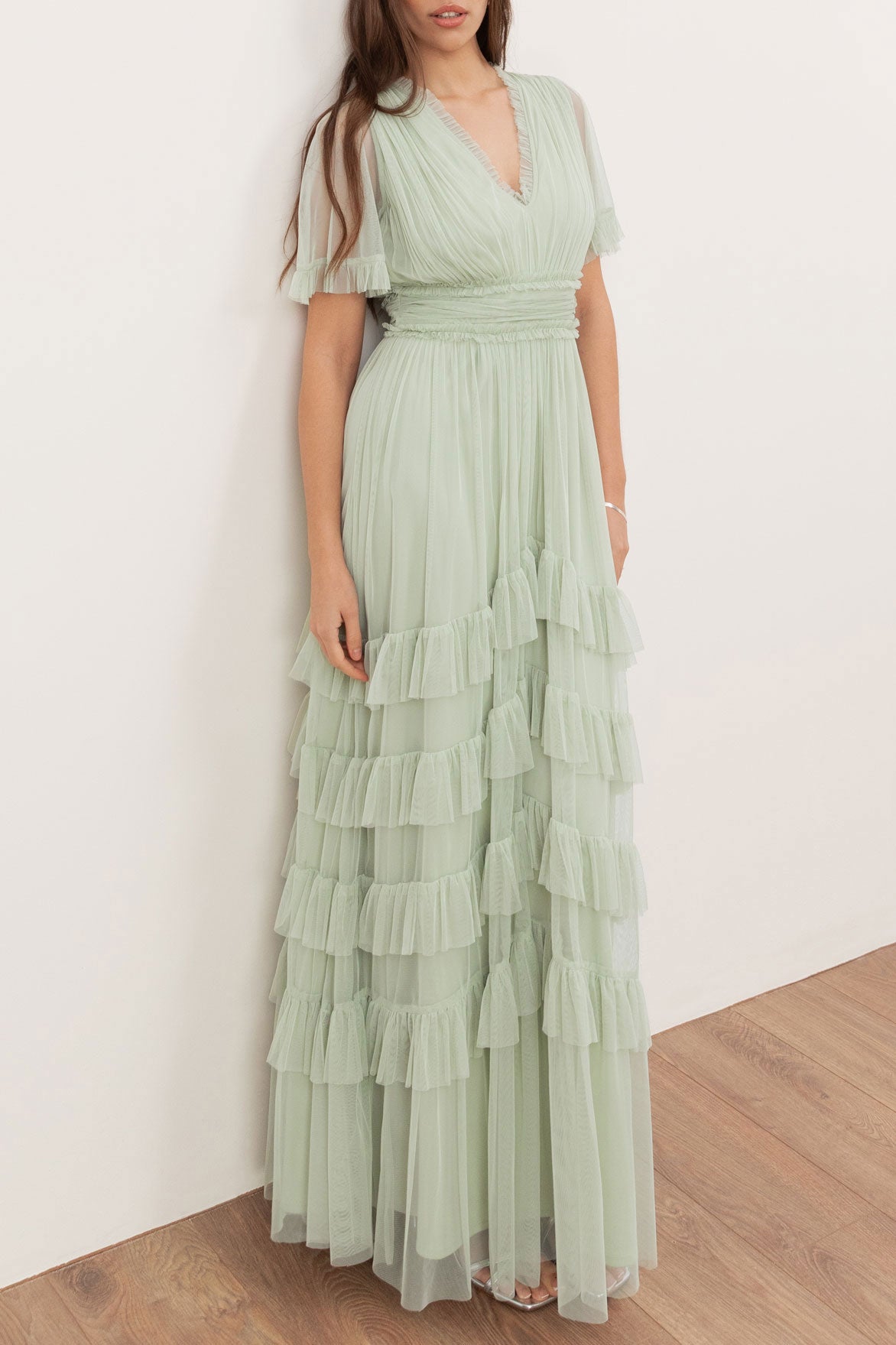 チュールティアードマキシドレスセージグリーンLサイズ