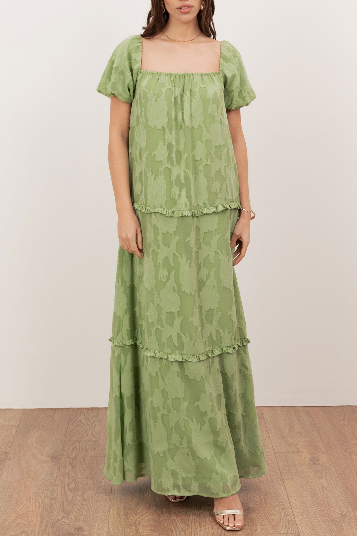 フローラルジャガードティアードマキシドレスグリーンフリーサイズ