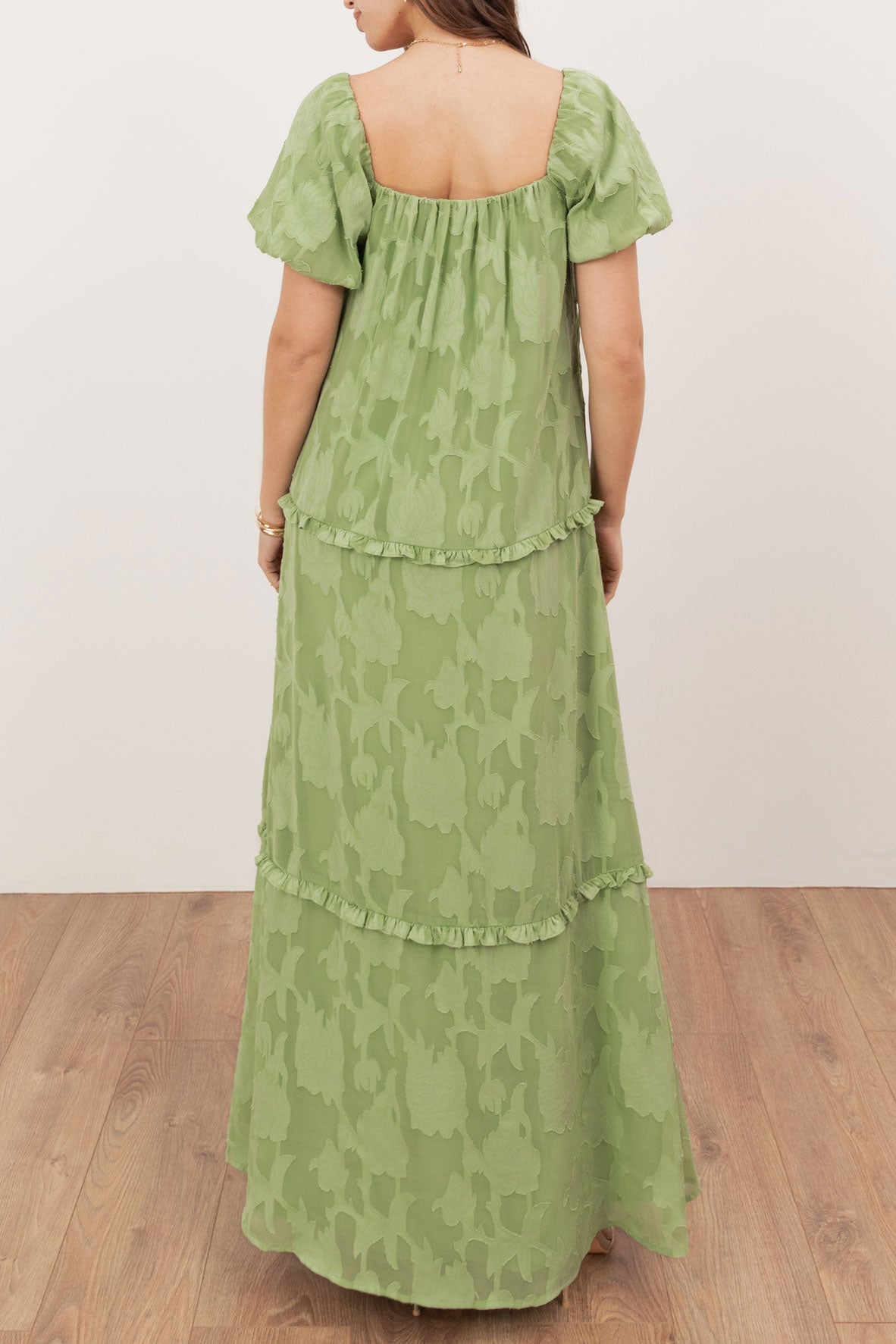 フローラルジャガードティアードマキシドレスグリーンフリーサイズ