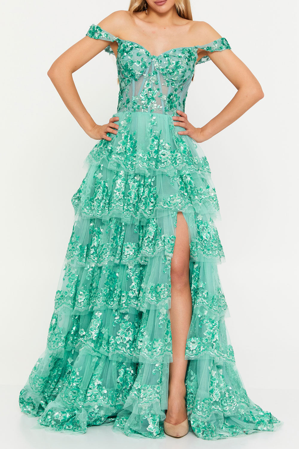 フローラルティアードロングドレスミントグリーンSサイズ(38)