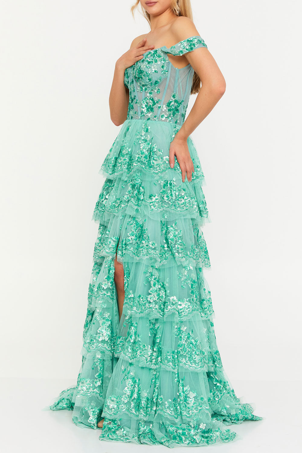 フローラルティアードロングドレスミントグリーンSサイズ(38)