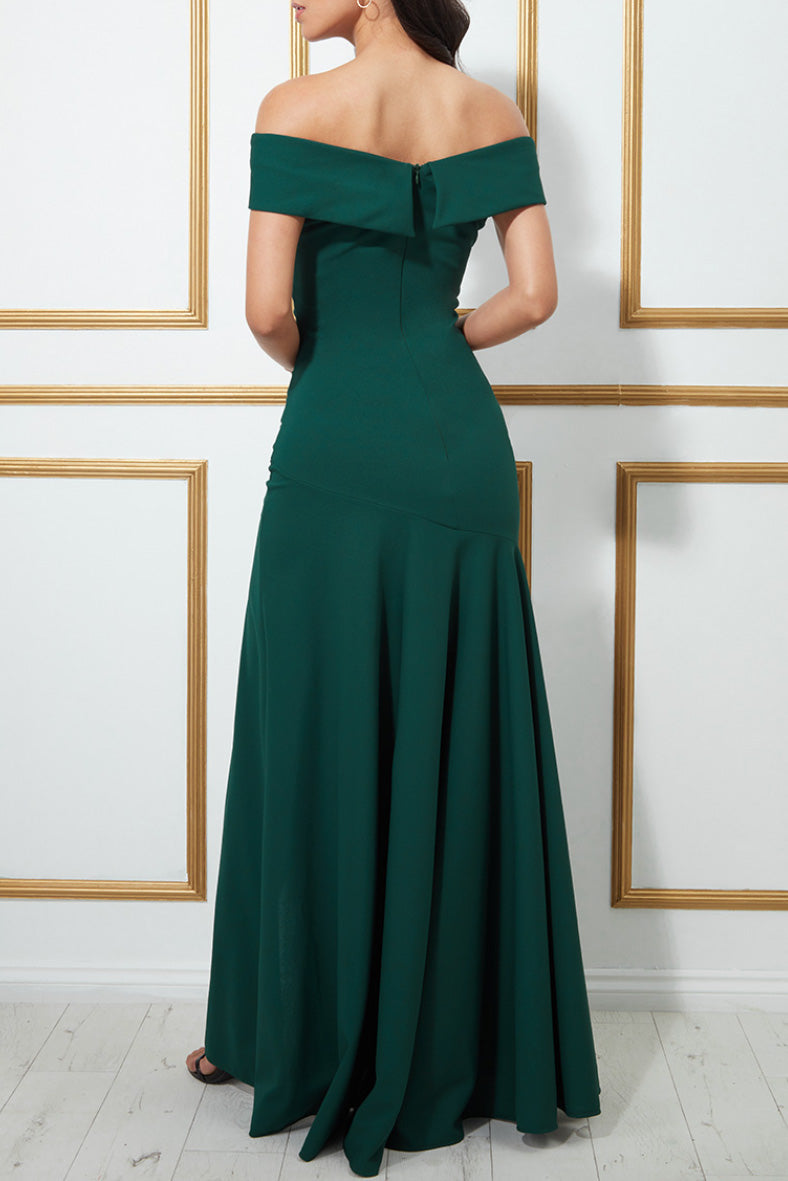 オフショルダーギャザーフレアロングドレスグリーンMサイズ